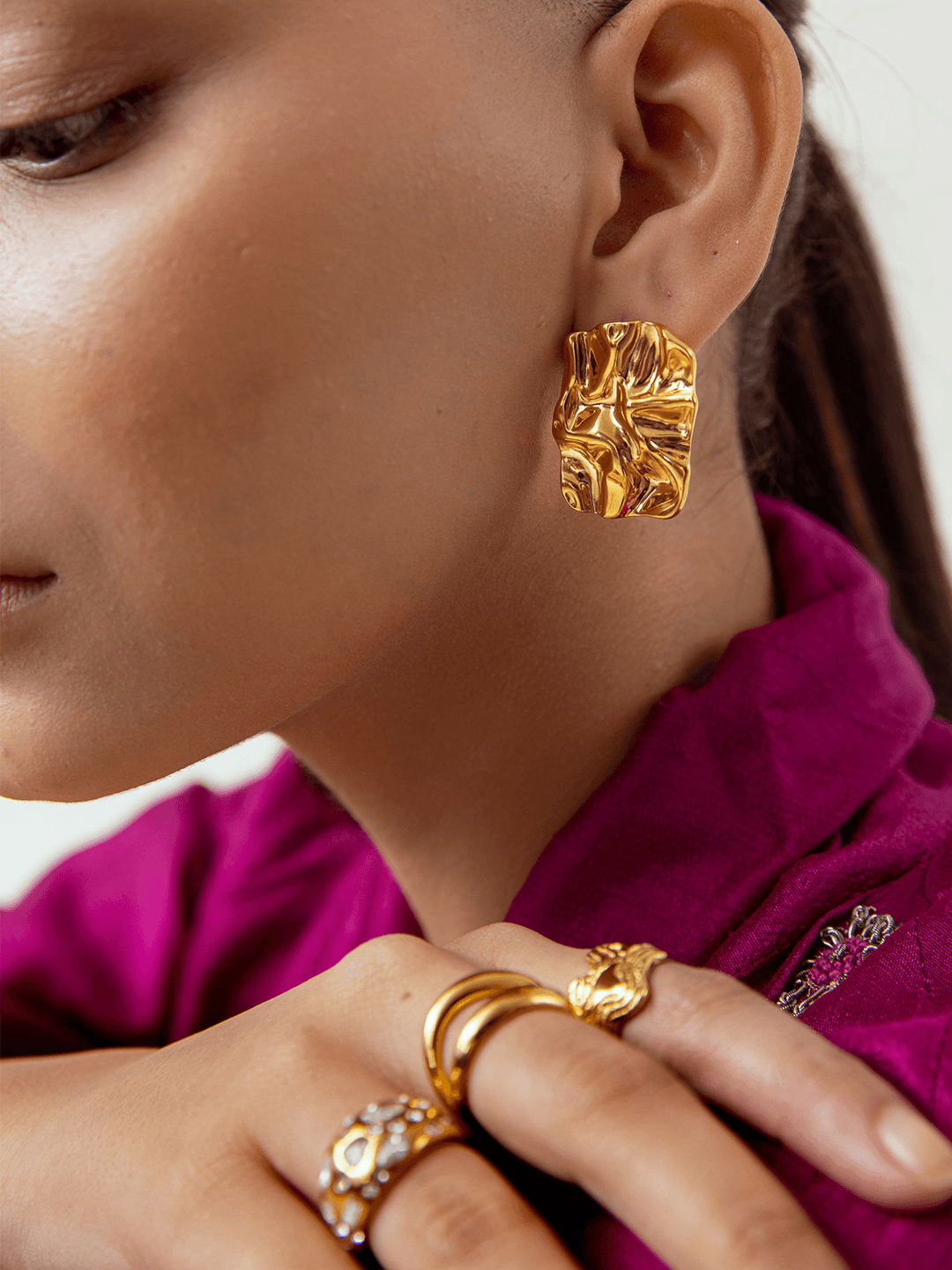 Foil Textured Rectangle Studs Gold