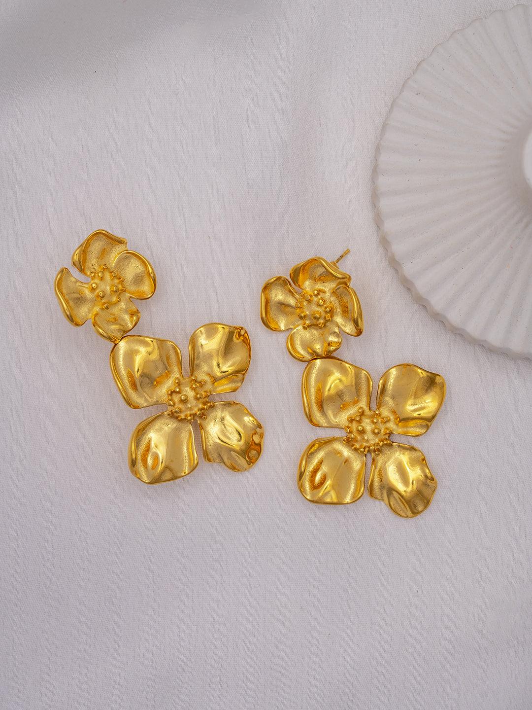 Textured Sunflower Drop Earrings Gold