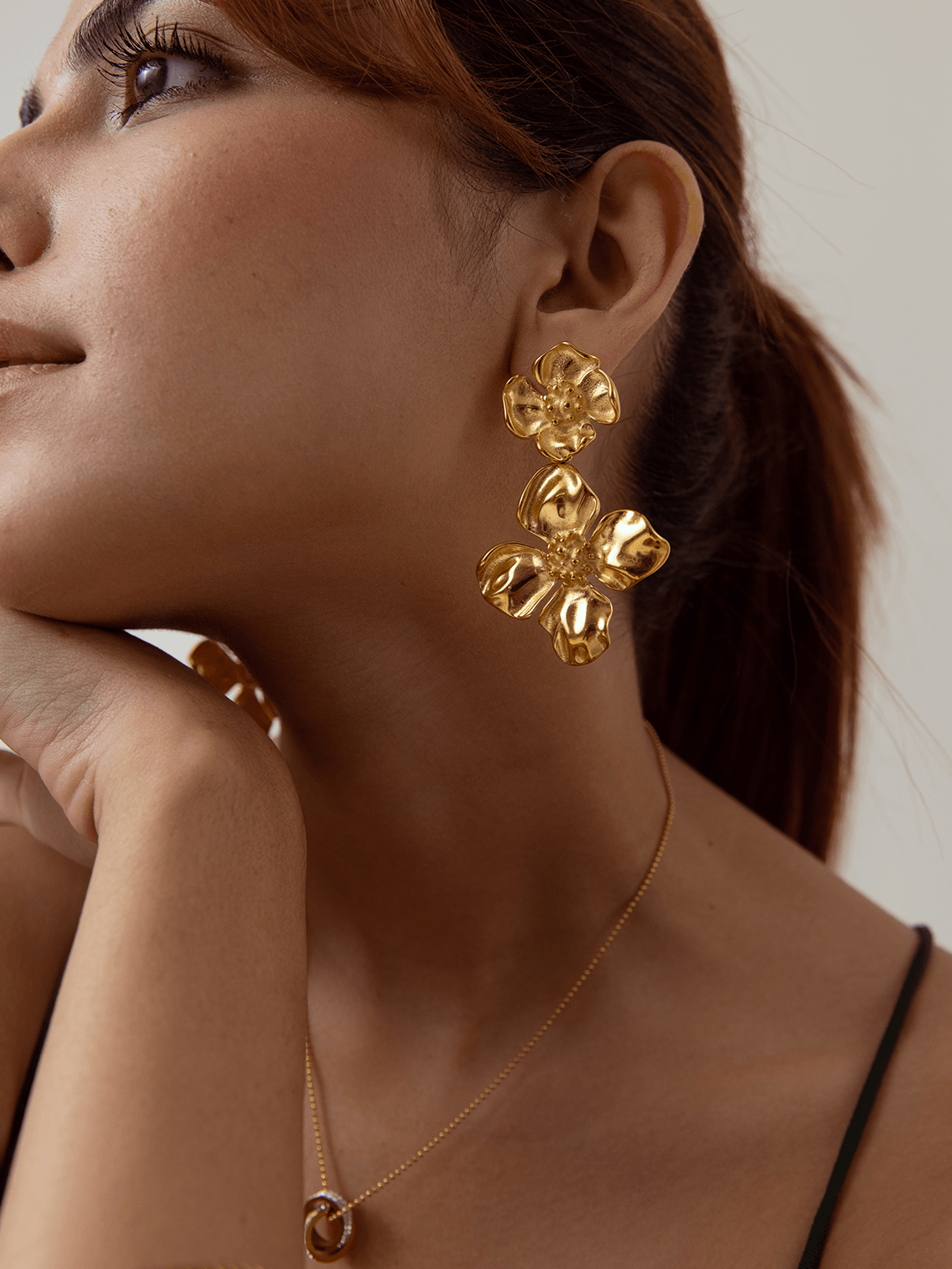 Textured Sunflower Drop Earrings Gold