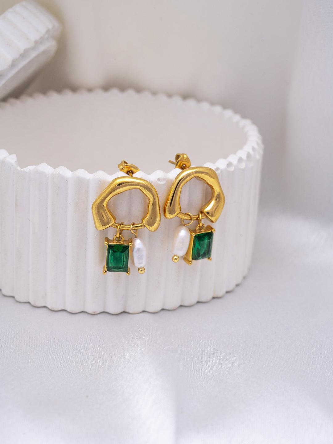 Pearl And Emerald Drop Studs