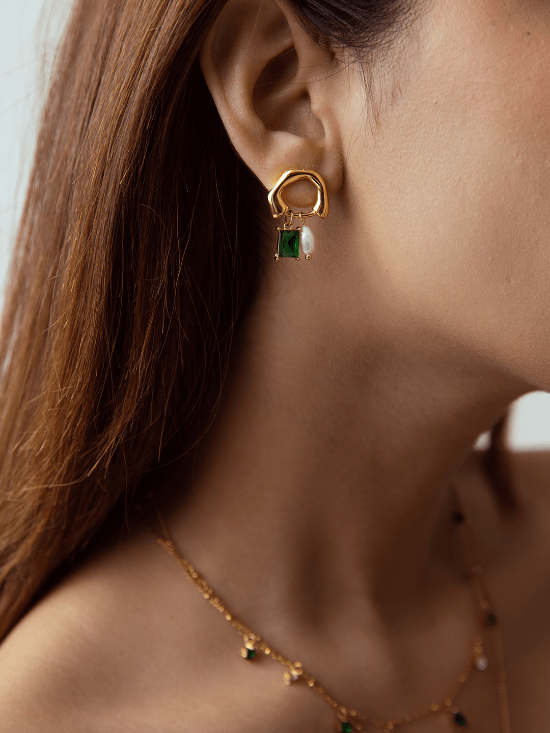 Pearl And Emerald Drop Studs